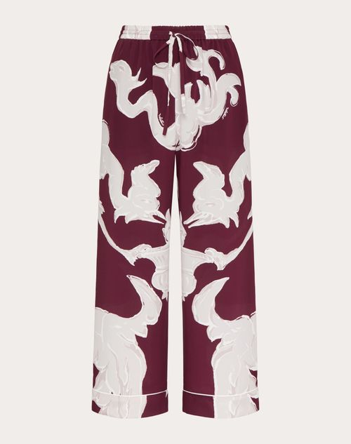 Valentino - Crepe De Chine Metamorphos Gryphon Allover Trousers - Amarone/perla - Woman - Trousers And Shorts