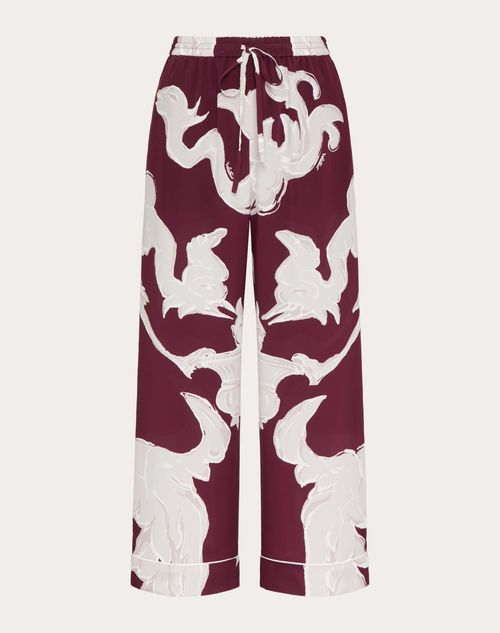 Valentino - Crepe De Chine Metamorphos Gryphon Allover Pants - Amarone/perla - Woman - Shelf - Pap - L'ecole Rosso