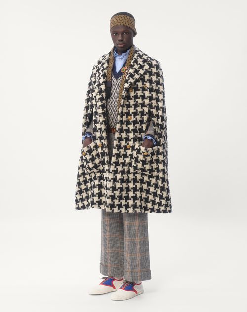Valentino - Wool Cape With Pied De Coque Pattern - Ivory/black - Man - Coats And Blazers