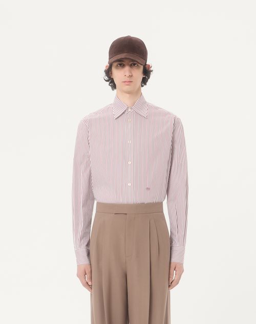 Valentino - Valentino Cotton Poplin Shirt With Striped Vlogo Embroidery - Butter/maroon - Man - Shirts