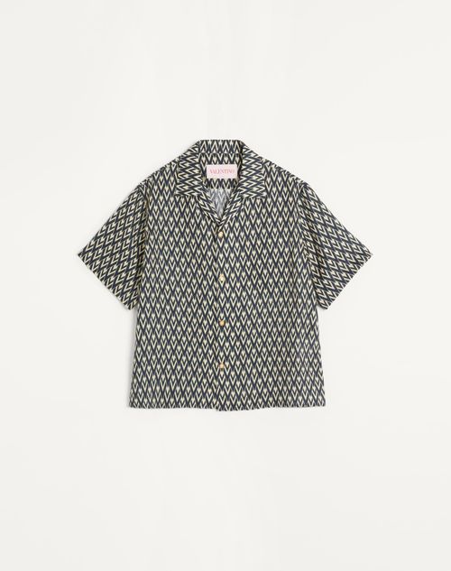 Valentino - Valentino Linen Bowling Shirt With Toute La V Print - Navy/cream - Man - Shirts