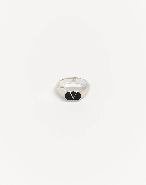 Valentino Garavani - Vlogo Signature Metal And Enamel Chevalier Ring - Palladium/black - Man - Jewellery