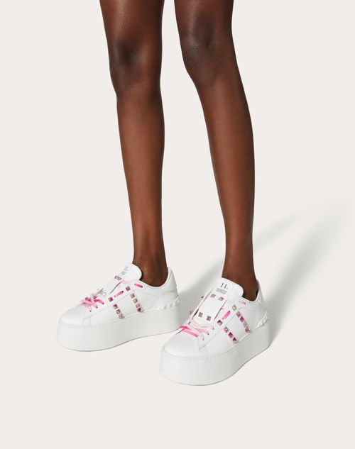 Flatform Rockstud Untitled Calfskin Sneaker With Multicolored Studs for  Woman in White/pink Pp