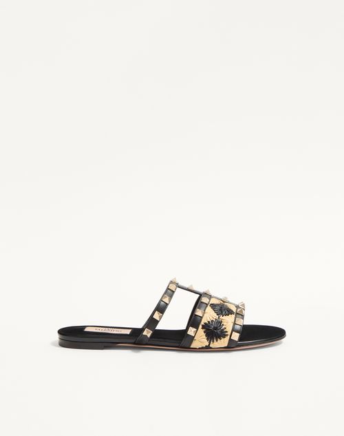 Valentino Garavani - Rockstud Slide Sandal With Raffia Check Embroidery - Natural/black - Woman - Slides And Thongs