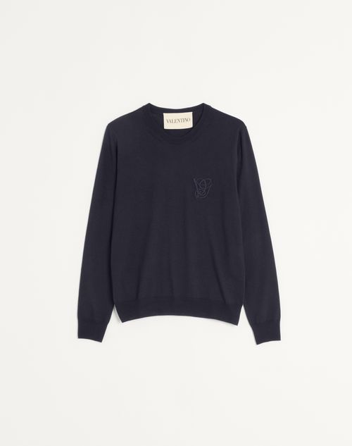 Valentino - Wool Sweater With Vg Embroidery - Dark Blue - Man - Knitwear