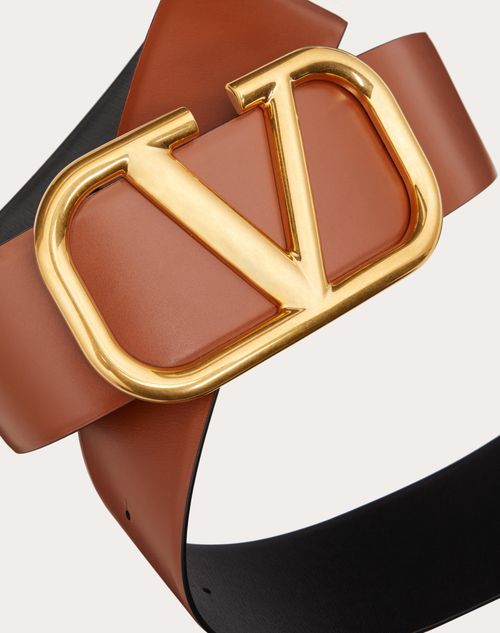 Valentino Garavani - Reversible Vlogo Signature Belt In Glossy Calfskin 70 Mm - Saddle Brown/black - Woman - Belts - Accessories