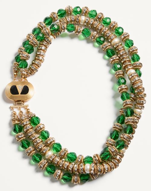 Valentino Garavani - Coeur Royal Necklace In Metal, Enamel, Briole Glass, Pearls And Crystals - Gold/emerald/black - Woman - Jewellery