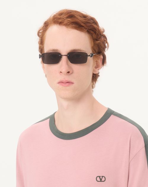 Valentino - Rectangular Metal Sunglasses - Black/grey - Unisex - Eyewear