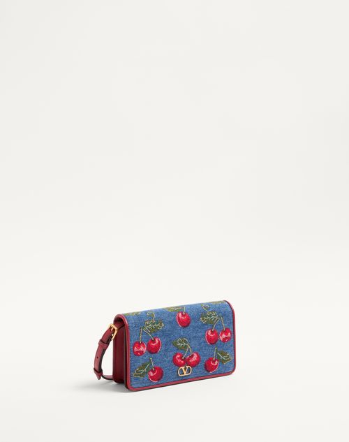 Valentino Garavani - Vlogo Signature Mini Shoulder Bag In Denim With Cherryfic Embroidery - Denim/multicolour - Woman - Gifts For Her