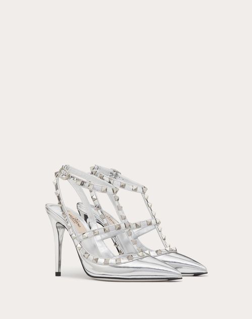 Valentino Garavani - Zapato Rockstud Con Tachuelas Y Correas A Juego, Efecto Espejado Y Tacón De 100 mm - Plata - Mujer - Salones