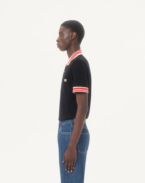 Valentino - Cotton Piqué Polo Shirt With Vlogo Patch - Black - Man - T-shirts And Sweatshirts