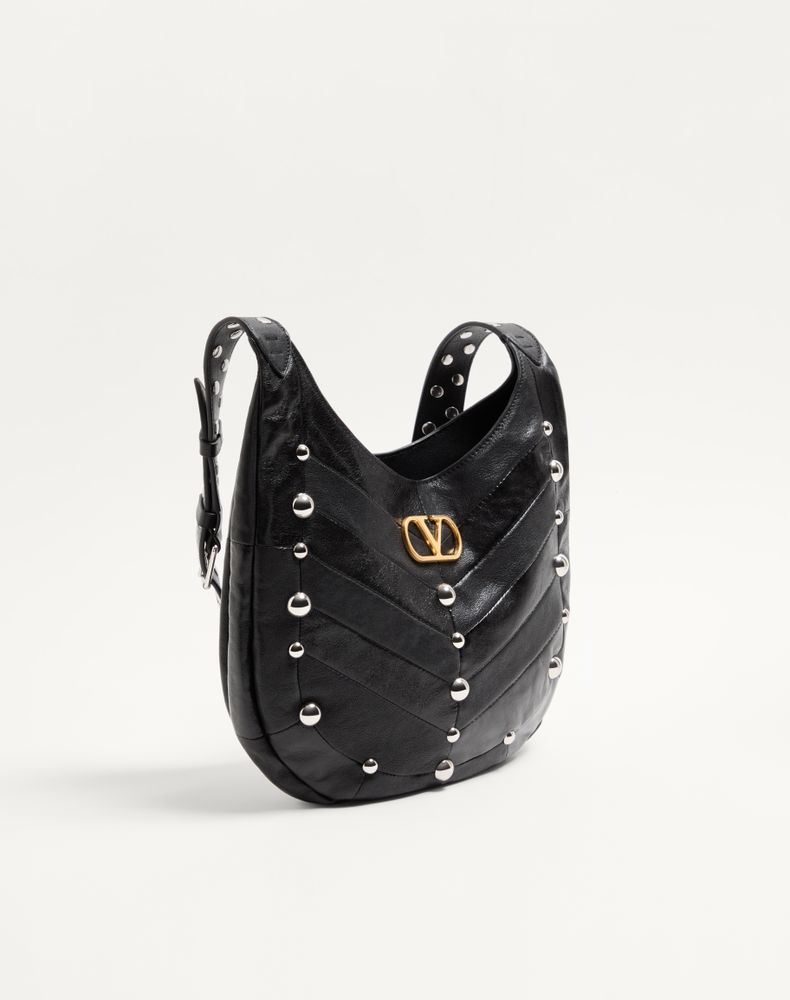 Valentino Garavani Hoboho Small Nappa Leather Hobo Bag With Chevron Pattern And Studs Woman Black Uni