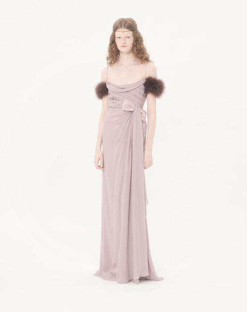 Valentino - Long Dress In Light Georgette With Feathers - Lilac - Woman - Gowns