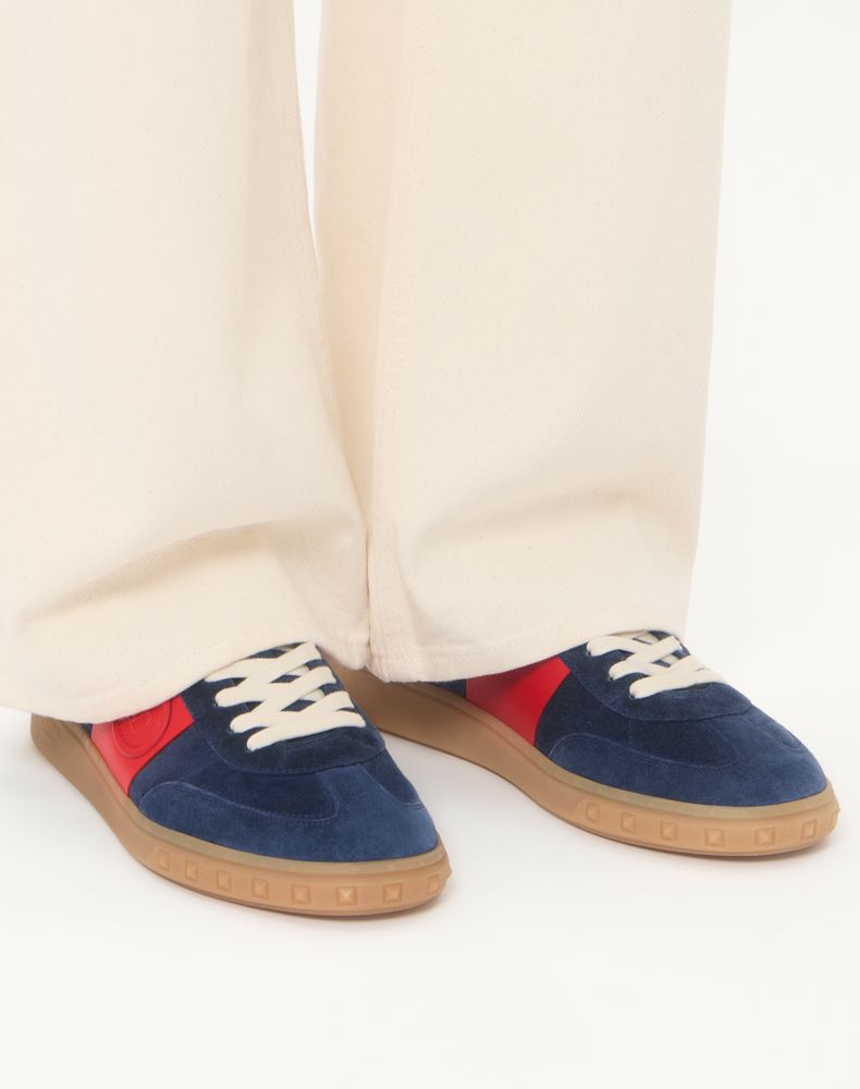 Valentino Garavani Upvillage Low Top Trainer In Split Leather And Calfskin Nappa Leather Man Cobalt/Coral 44