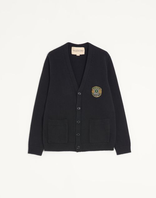Valentino - Valentino Wool Cardigan With Embroidered Valentino Patch - Black - Man - Knitwear