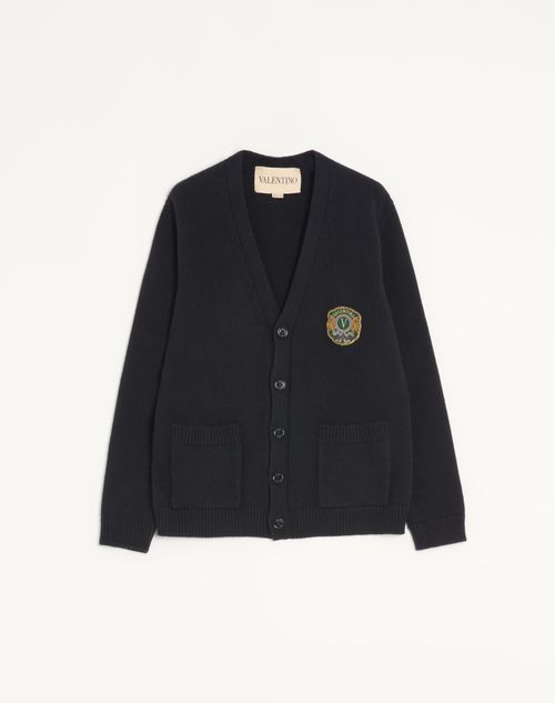 Valentino - Valentino Wool Cardigan With Embroidered Valentino Patch - Black - Man - Knitwear