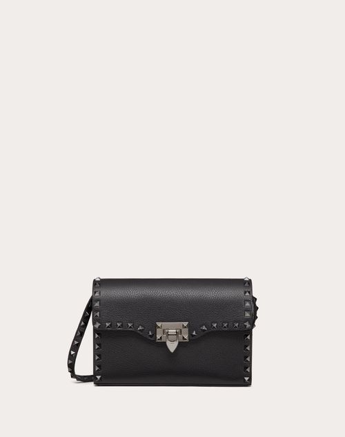 Small Rockstud Grainy Calfskin Crossbody Bag for Woman Black | SE