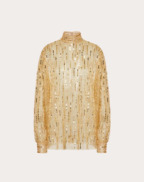 Valentino - Top Bordado Tulle Illusione - Oro - Mujer - Camisas Y Tops