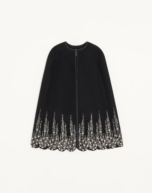 Valentino - Embroidered Compact Drap Cape - Black/silver - Woman - Coats And Outerwear