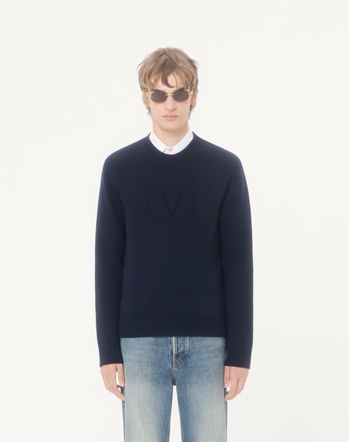 Valentino - Valentino Wool Sweater With Tone-on-tone Vlogo Signature Embroidery - Navy - Man - Knitwear