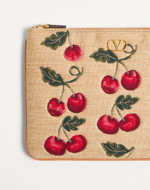 Valentino Garavani - Vlogo Signature Clutch Aus Jacquard-raffiabast Mit Cherryfic-motiv - Natur/rot - Frau - Pochetten