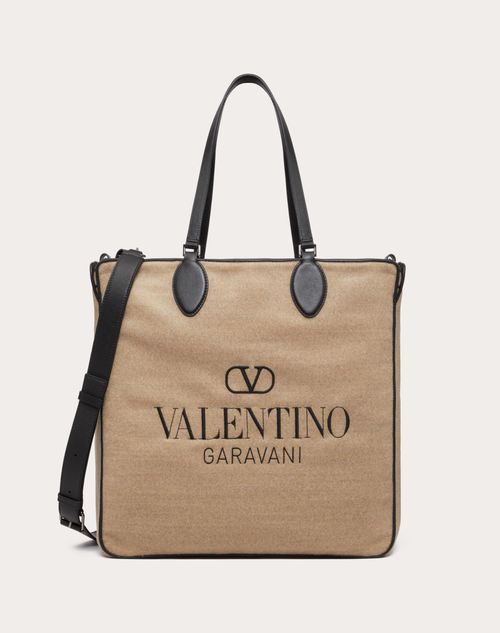 Valentino Garavani - Toile Iconographe Shopping Bag In Wool With Leather Details - Beige/black - Man - Totes