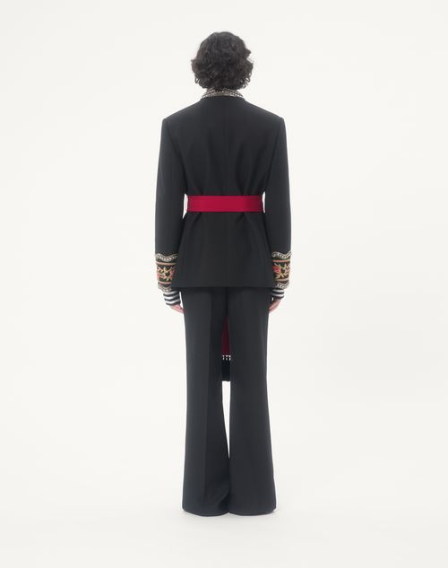 Valentino - Valentino Embroidered Jacket With Belt In Wool Gabardine With Vgold - Black - Man - Coats And Blazers