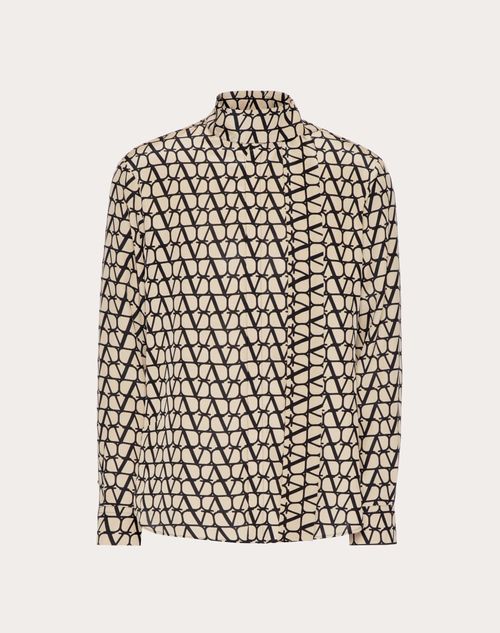 Valentino - Silk Shirt With Neck Tie And All-over Toile Iconographe Print - Beige/black - Man - Man