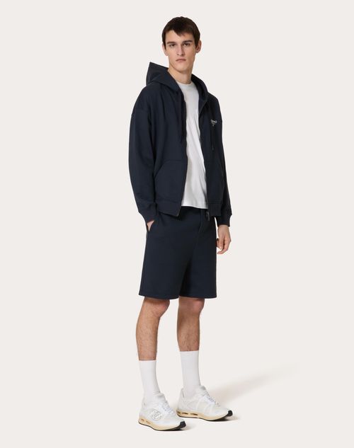 Valentino - Cotton Sweatshirt With Hood, Zip And Valentino Print - Navy/white - Man - Tshirts And Sweatshirts