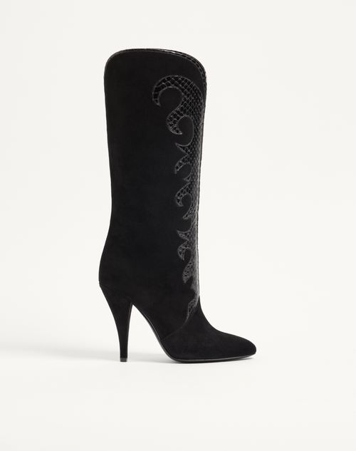 Valentino Garavani - Boutade Suede Boot With Elaphe Details 105mm - Black - Woman - Boots And Ankle Boots