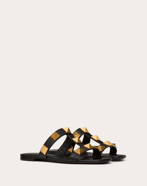 Valentino Garavani - Flat Roman Stud Calfskin Slide Sandal - Black - Woman - Roman Stud Sandals - Shoes