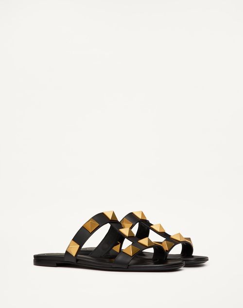 Valentino Garavani - Flat Roman Stud Calfskin Slide Sandal - Black - Woman - Slides And Thongs