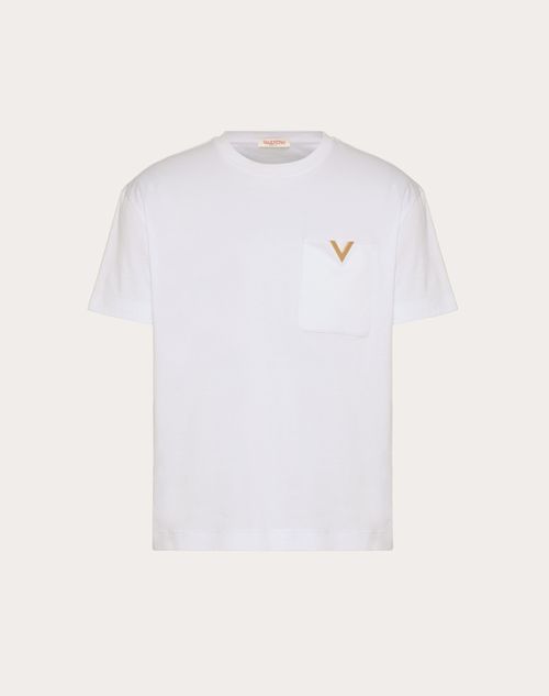 Valentino - Camiseta De Algodón Con Detalle De V Metálica - Blanco - Hombre - Camisetas Y Sudaderas