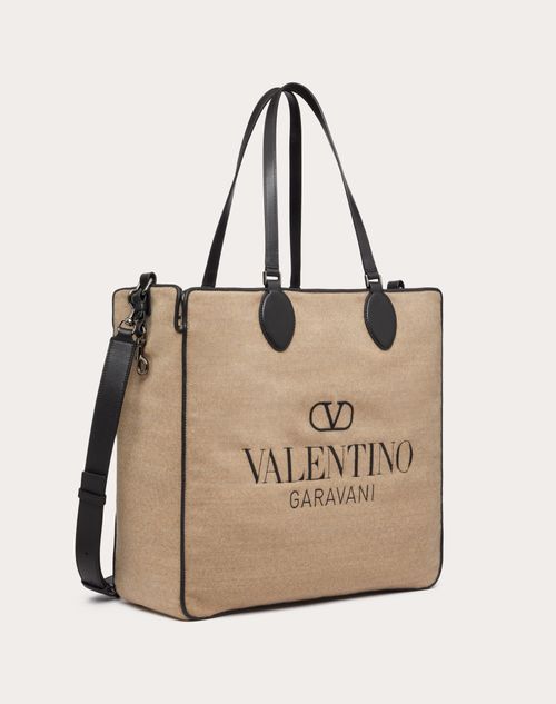 Valentino Garavani - Toile Iconographe Shopping Bag In Wool With Leather Details - Beige/black - Man - Totes