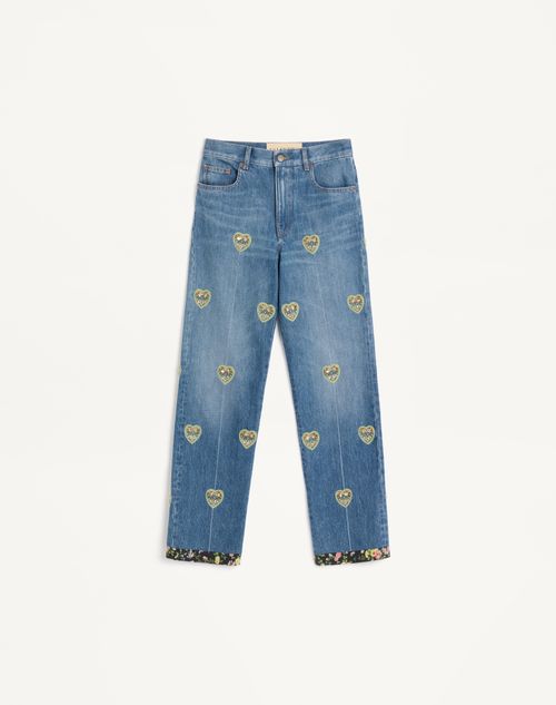 Valentino - Pantalón De Mezclilla Con Bordado - Azul - Mujer - Denim