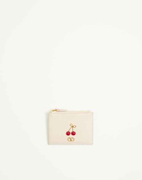 Valentino Garavani - Tarjetero Cherryfic De Cuero Graneado De Becerro - Marfil Pálido - Mujer - Carteras Y Pequeña Marroquinería