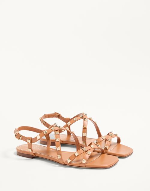 Valentino Garavani - Calfskin Rockstud Sandal With Straps - Almond - Woman - Woman Sale