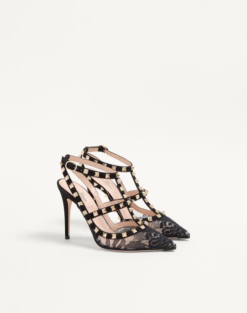 Valentino Garavani - Rockstud Lace Pump With Straps 100mm - Black - Woman - Pumps