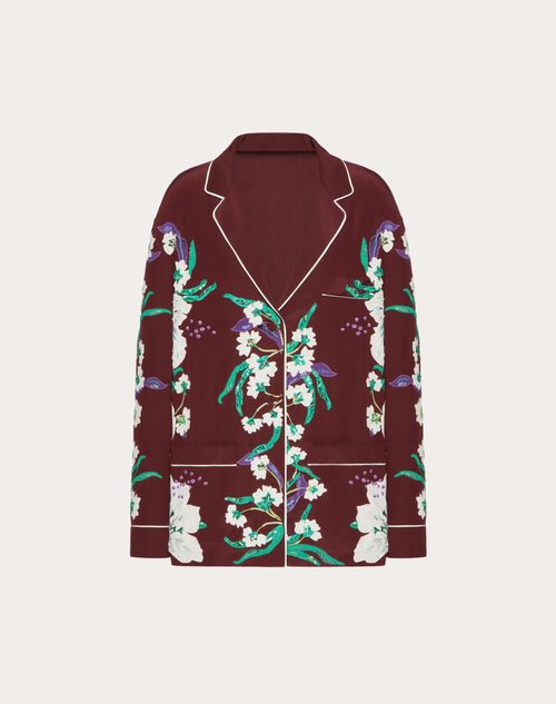 Valentino - Embroidered Crepe De Chine Pajama Shirt - Bordeaux/multicolor - Woman - Woman Sale