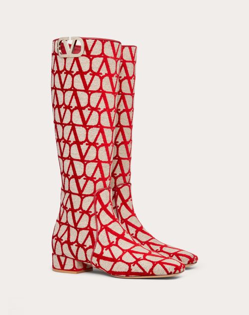 Valentino Garavani - Vlogo Type Boot In Toile Iconographe 30mm - Beige/red - Woman - Shoes
