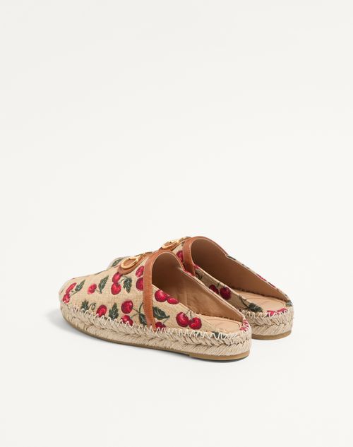 Valentino Garavani - Mules Vlogo Signature Avec Motif Cherryfic, Talon&nbsp;: 25&nbsp;mm - Naturel/rouge - Femme - Espadrilles Et Compensées