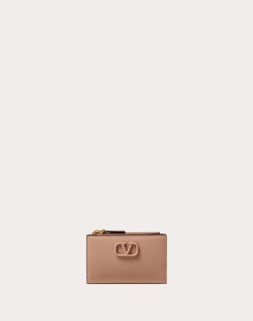 Valentino Garavani - Vlogo Signature Grainy Calfskin Cardholder Wth Zipper - Rose Cannelle - Woman - Wallets & Cardcases - Accessories