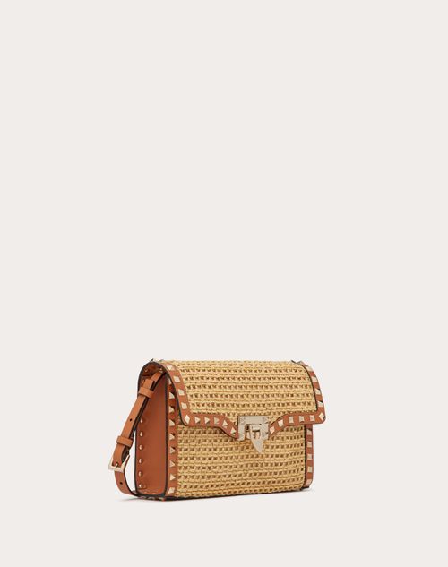 Small Rockstud Shoulder Bag In Woven Raffia for Woman in Natural/almond ...