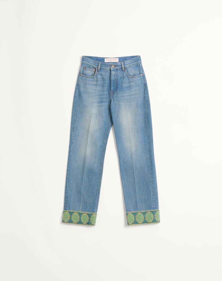 Valentino Handbags Pantaloni In Denim Con Bordi In Jacquard per Donna in Denim | Valentino IT