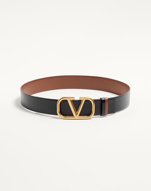 Valentino Garavani - Reversible Vlogo Signature Belt In Glossy Calfskin 40 Mm - Saddle Brown/black - Woman - Accessories