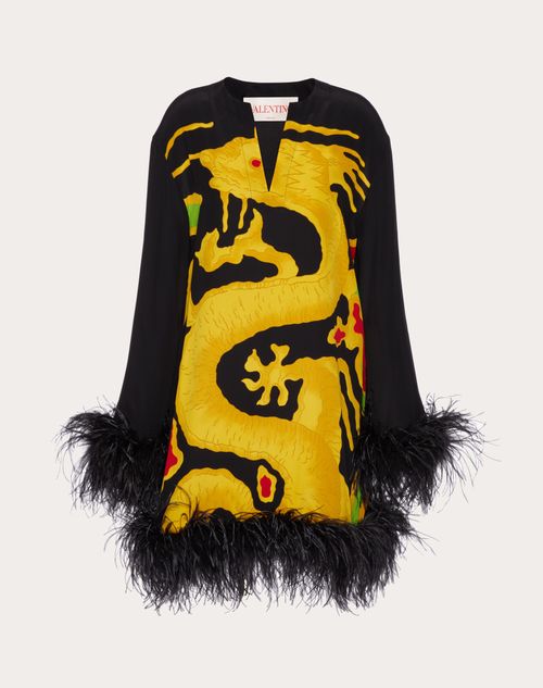 Valentino - Crepe De Chine Dress With Feather Embroidery And Drago Re-edition Print - Black/multicolor - Woman - Dresses