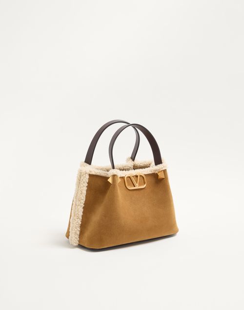 Valentino Garavani - Valentino Garavani Small Suede Shopping Bag With Sheepskin Lining - Havana Beige - Woman - Totes