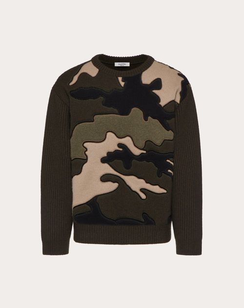 Valentino - Crewneck Sweater With Camouflage Open Cuts Embroidery - Military Green - Man - Man Ready To Wear Sale