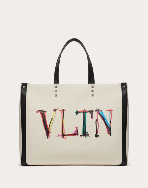 Valentino Garavani - Medium Vltn Graph Canvas Tote Bag - Ecru'/black - Man - Bags