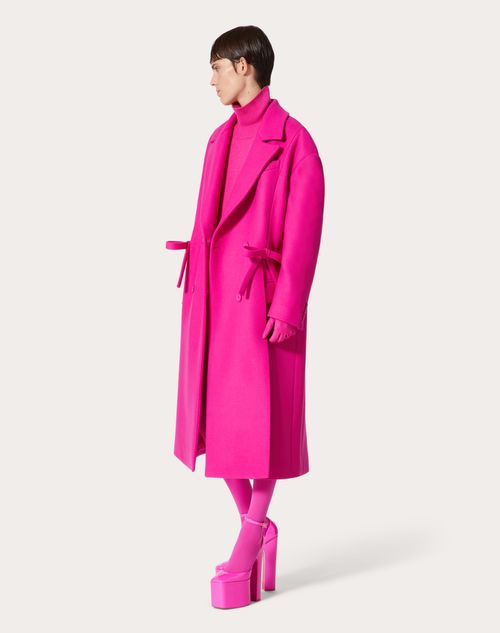 Valentino - 리본 디테일 디애고널 더블 울 코트 - Pink Pp - 여성 - 코트 / 아우터웨어